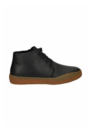Bottine noire en cuir avec semelle marron texturée et laçage à l’avant, vue de côté sur fond blanc.