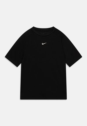 T-shirt nero a maniche corte realizzato in tessuto morbido, con il logo bianco swoosh di Nike sul petto e un classico collo tondo.