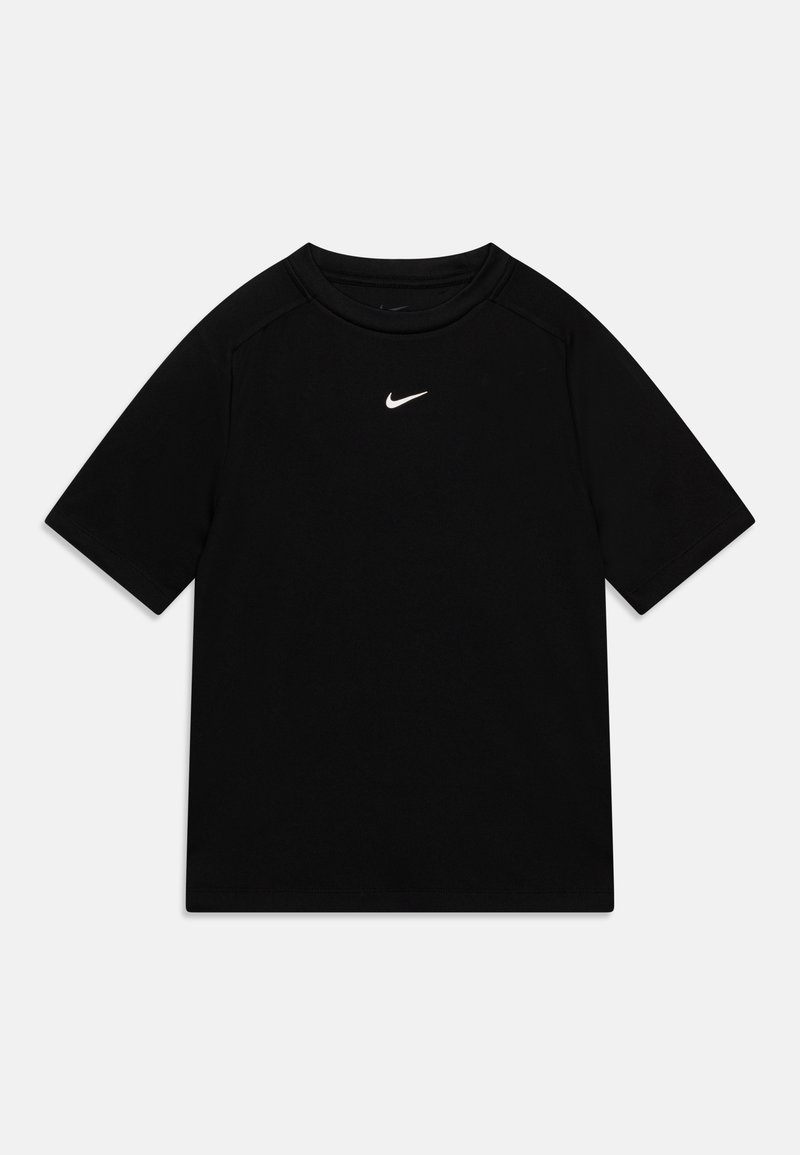 Schwarzes Kurzarm-T-Shirt aus glattem Stoff, mit einem weißen Nike Swoosh-Logo auf der Brust und einem klassischen Rundhalsausschnitt.
