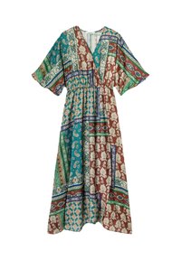 Robe maxi avec un décolleté en V profond, des manches mi-longues et une taille élastique. Présente un motif en patchwork dans des teintes de teal, brun, vert et crème.
