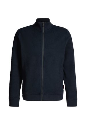 Marineblauwe sweater met ritssluiting, vervaardigd uit een gestructureerde stof met een bladmotief. Geribbelde manchetten en kraag, met een ritssluiting aan de voorkant.