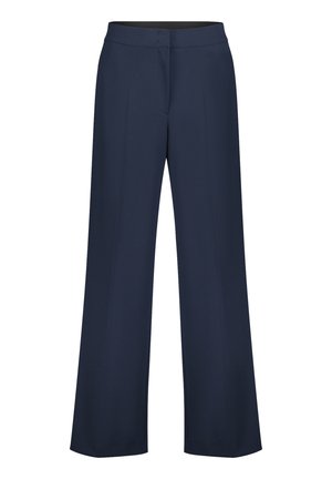 Pantalons large marine en tissu doux, avec une taille ajustée et des plis avant pour plus de structure. Texture lisse et lignes épurées.