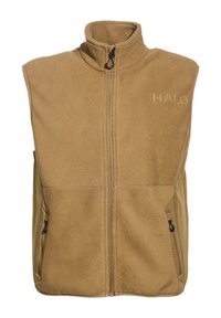 Tan fleece vest met een hoge kraag, een voorste rits en zijzakken met rits. Bevat een subtiele "HALO"-logo op de borst. Zachte textuur.