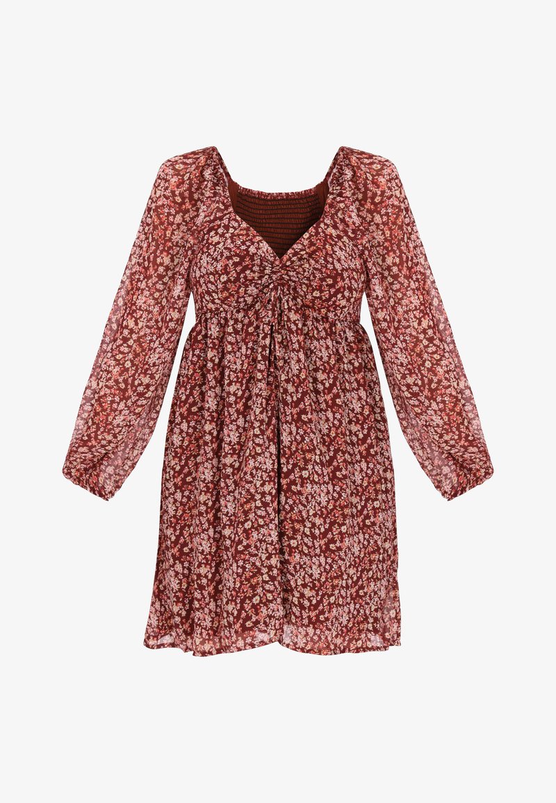 Rochie florală roșie cu decolteu pătrat, mâneci lungi din țesătură transparentă și bust strâns. Are un material ușor, cu o siluetă fluidă.
