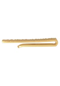 Zlatistý sponka do vlasov s vlnitým horným okrajom a hladkým, zakriveným koncom. Dizajn je elegantný a minimalistický, s lesklým kovovým povrchom.