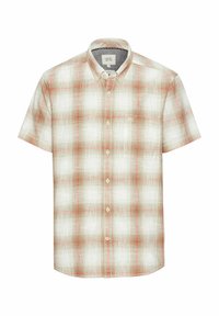 Kurzärmliges, knöpfbares Hemd in einem hellen Beige mit einem karierten Muster in Rot und Braun. Verfügt über einen spitzen Kragen und ein kleines Logo auf der Brust.