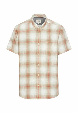 Short-sleeve, button-up shirt in a light beige with a check pattern in red and brown. Features a pointed collar and a small logo on the chest.
