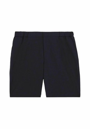 Pantaloni corti blu navy realizzati in tessuto elasticizzato, dotati di una cintura elastica, tasche laterali e un design semplice e pulito.