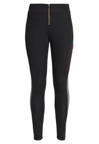 Leggings neri con un tessuto liscio e elastico. Presentano una vita con zip e pannelli laterali in beige e rosso. Silhouette aderente, lunghezza alla caviglia.