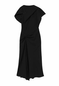 Fekete ruha, mely leplezett dizájnnal, rövid ujjal és hátul összegyűrt résszel rendelkezik. Puha anyag, finom textúrával és légies sziluettel.