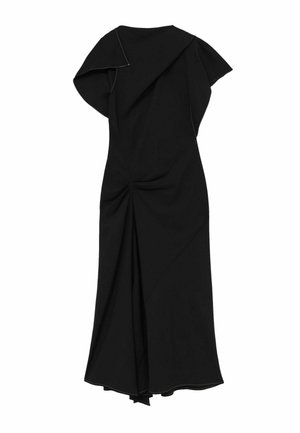 Schwarzes Kleid mit einem drapierten Design, kurzen Ärmeln und einem gerafften Detail am Rücken. Weicher Stoff mit subtiler Textur und fließender Silhouette.