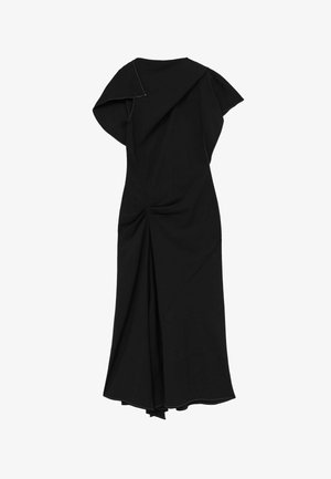 Schwarzes Kleid mit einem drapierten Design, kurzen Ärmeln und einem gerafften Detail am Rücken. Weicher Stoff mit subtiler Textur und fließender Silhouette.