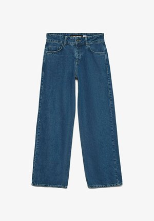 Blå denimjeans med bred benåbning, fem lommer og knaplukning. Stoffet har en struktureret overflade.
