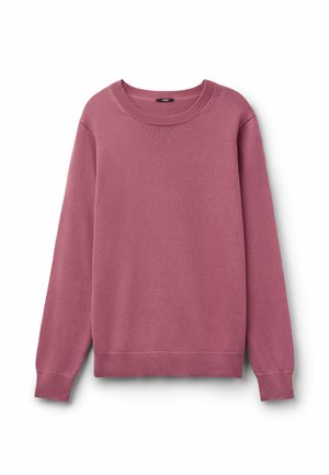 Trui met lange mouwen en ronde hals in stof van stofwol in poederroze, met geribbelde manchetten, zoom en halslijn, weergegeven op een witte achtergrond.