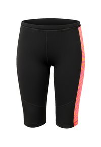 Shorts de sport noirs avec un panneau latéral à motif zèbre vibrant en rose et orange. Fabriqués en tissu extensible et évacuant l'humidité.