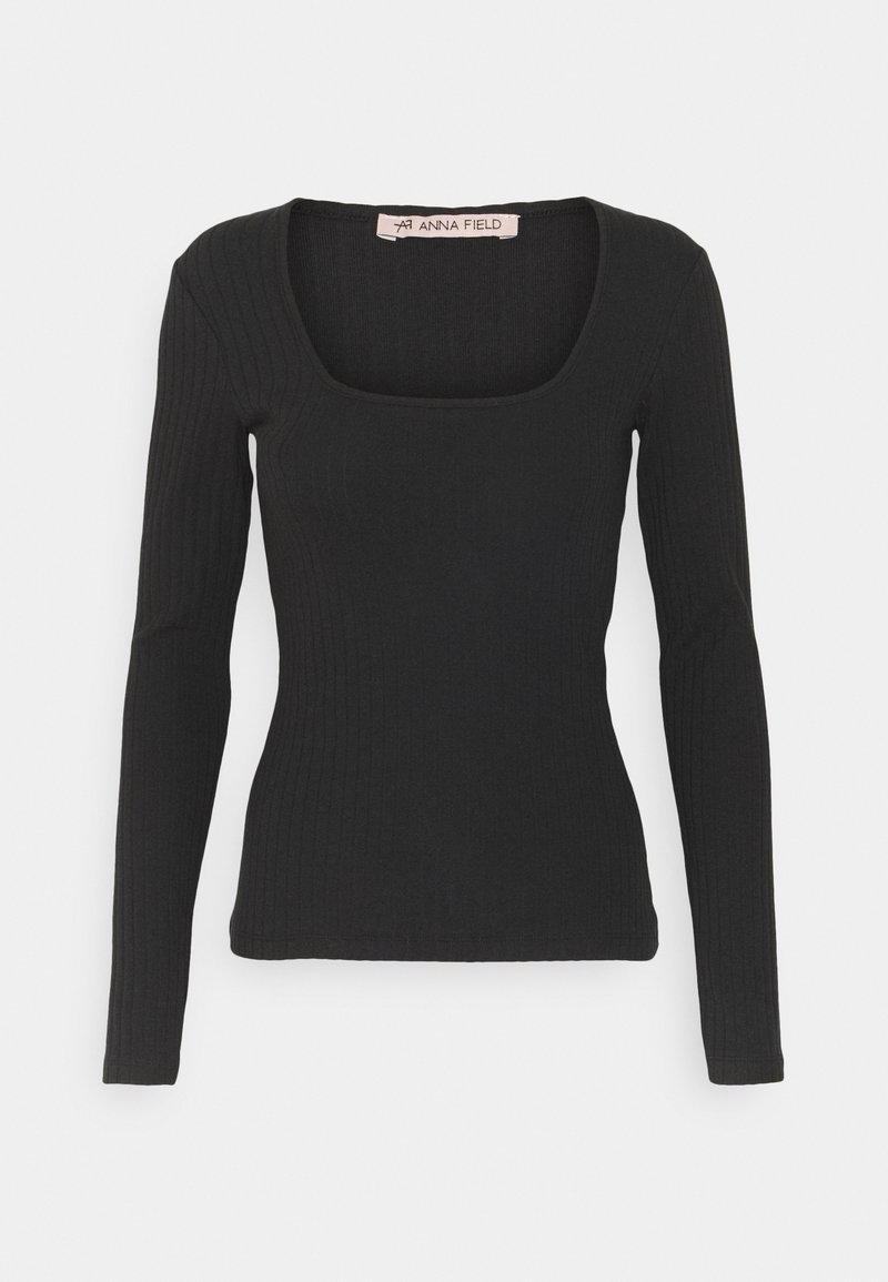 Black ribbed long-sleeve top with a square neckline, featuring a fitted design and soft fabric. Tag reads "ANNA FIELD."