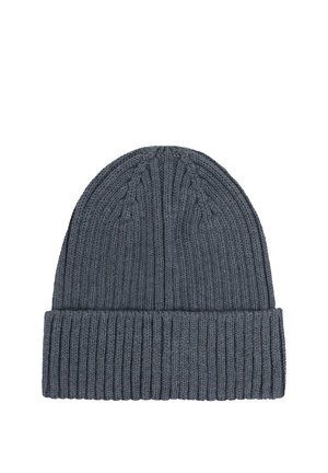 Mørkegrå, ribstrikket beanie-hue med bredt, ombukket kant, vist fladt på en hvid baggrund. Ingen synlige logoer eller dekorationer.