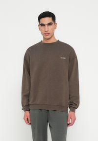 Brown sweatshirt with a round neckline and long sleeves, featuring a small white embroidered logo on the chest. Soft, textured fabric.