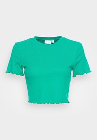 Jasnozielony t-shirt z krótkim rękawem o dopasowanym kroju, prążkowanej fakturze i falującym zakończeniu na dole. Metka z napisem "VILA" umieszczona przy dekolcie.