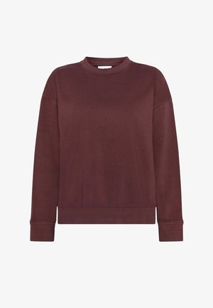 Burgundy sweatshirt made of soft fabric, featuring a round neck, dropped shoulders, long sleeves, and ribbed cuffs and hem.