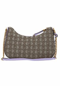 Borsa a tracolla marrone con motivo a forma curva, caratterizzata da una tracolla in catena dorata e dettagli color lavanda. Realizzata in materiale testurizzato con chiusura a zip.