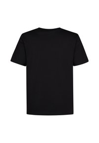 Sort bomulds t-shirt med korte ærmer, en rund hals og et simpelt design. Stoffet fremstår glat og uden forskyndelse på bagsiden.