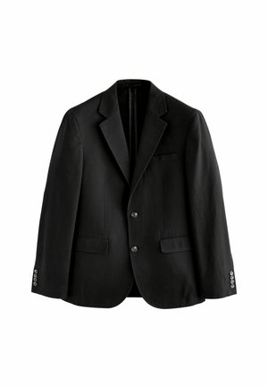 Blazer nero realizzato in tessuto texturizzato, con revers a lancia, due bottoni e due tasche frontali. Maniche lunghe con polsini abbottonati.