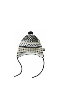 Czapka dzianinowa z geometrycznym wzorem w kolorach czerni, bieli i beżu, z zaokrąglonym pomponem na czubku oraz regulowanymi paskami pod brodą.