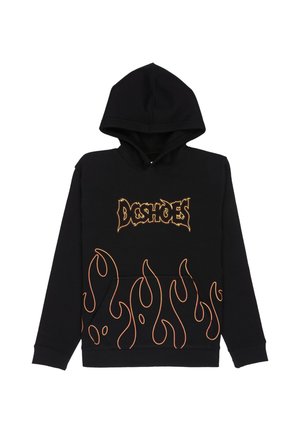 Czarna bluza z kapturem z żółtym napisem "DC SHOES" na piersi i pomarańczowymi grafikami płomieni wzdłuż dolnej przedniej części. Brak widocznych osób.
