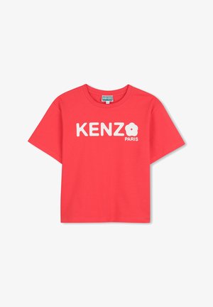 Rood katoenen T-shirt met witte tekst "KENZO PARIS" en een bloemig logo. Korte mouwen en een klassieke ronde hals. Gladde textuur.