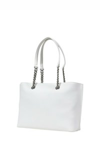 Borsa tote bianca in pelle con doppio manico a catena e forma rettangolare strutturata. Texture liscia, cuciture minime e nessun motivo visibile.