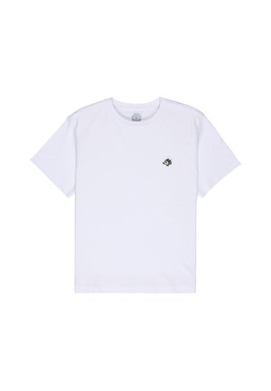 Wit T-shirt met korte mouwen en een ronde hals met een klein zwart-wit grafisch logo op de linkerborst.