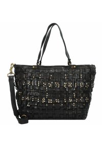 Zwarte geweven leren handtas met meerdere vierkante patronen, metalen studs, dubbele handvatten en een optionele schouderband. Gladde textuur.