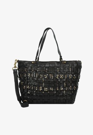 Zwarte geweven leren handtas met meerdere vierkante patronen, metalen studs, dubbele handvatten en een optionele schouderband. Gladde textuur.