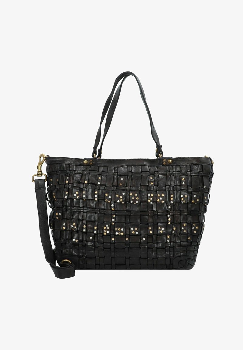 Sac à main en cuir tressé noir avec plusieurs motifs carrés, clous métalliques, poignées doubles et une bandoulière optionnelle. Texture lisse.