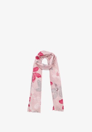 Sciarpa rosa con motivi floreali in rosso e grigio, con dettagli metallici e una texture morbida e leggera; frange ai bordi.