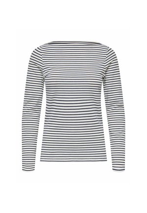 Long-sleeve top in white and navy striped cotton. Features a wide neckline and fitted silhouette. Flat seams and no visible hardware accents.