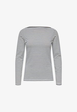 Białoniebieska bluzka z długim rękawem w paski. Charakteryzuje się szerokim dekoltem i dopasowanym krojem. Płaskie szwy i brak widocznych elementów metalowych.