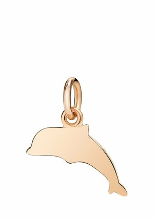 Anhänger in Delfinform aus Roségold mit glatter, polierter Oberfläche und rundem Öse zum Befestigen an einer Halskette oder einem Armband.