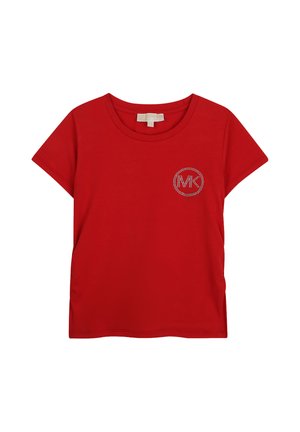 T-shirt rouge à manches courtes avec col rond et petit logo "MK" en strass sur la partie gauche de la poitrine.