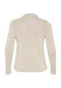 Pull en tricot beige à manches longues, col rond et tissu texturé. Présente un tissage ouvert avec des bords-côtes aux poignets et à l'ourlet pour plus de détails.