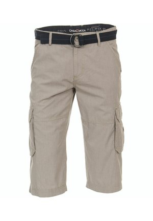 Beige Cargo-Shorts aus leichtem Stoff, mit Knopfverschluss, Gürtelschlaufen, Seitentaschen und knielangem Saum.