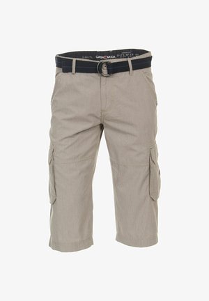 Beige Cargo-Shorts aus leichtem Stoff, mit Knopfverschluss, Gürtelschlaufen, Seitentaschen und knielangem Saum.