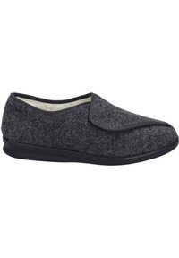 Gray felt slipper with a black rubber sole, featuring a soft interior lining and a rounded toe design. No laces, slip-on style.