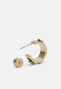 Gold hoop earring with a sleek, shiny finish and a post closure. A small circular accent piece accompanies it.