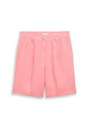 Pinkfarbene knielange Shorts mit elastischem Bund, Gürtelschlaufen, Knopfverschluss vorne und Seitentaschen, flach auf weißem Hintergrund liegend.