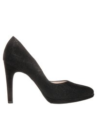 Pompe à talons aiguilles noire avec un motif texturé, bout pointu et un fin talon aiguille. Matériau en daim et intérieur rembourré.