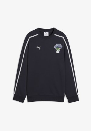 Sweat-shirt Puma noir à manches longues avec des rayures blanches sur les manches, le logo Puma sur la poitrine et un écusson du club de football "Super Puma".