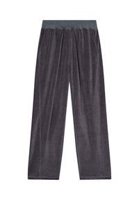 Graue Samt-Hosen im weit geschnittenen Stil mit einem gerippten Bund, seitlichen Taschen und einer weichen, glatten Textur. Geeignet für die Freizeit.