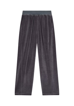 Graue Samt-Hosen im weit geschnittenen Stil mit einem gerippten Bund, seitlichen Taschen und einer weichen, glatten Textur. Geeignet für die Freizeit.